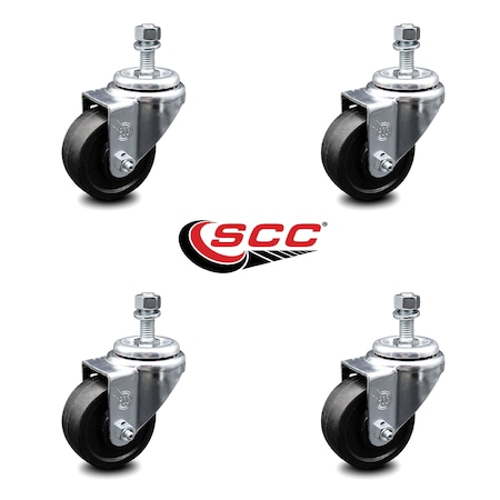 Service Caster 3 Inch Soft Rubber Wheel Swivel 3/8 Inch Threaded Stem Caster Set SCC-TS20S314-SRS-381615-4